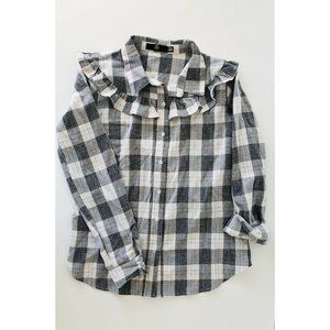 ASOS Sz 6 Plaid Shirt With Ruffled Bib Gray & White